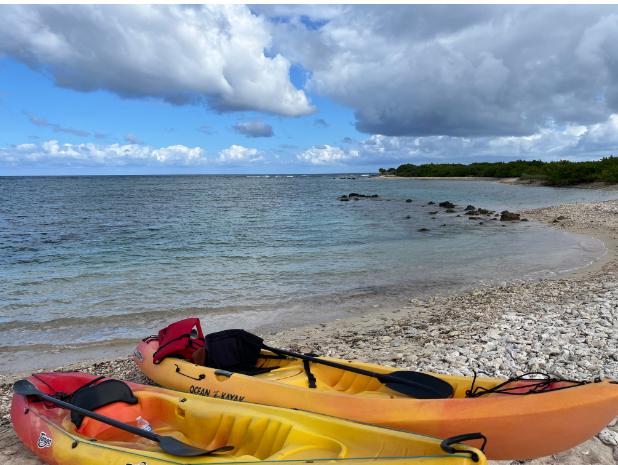 Brightly colored kayaks rest on a rocky shoreline under dramatic clouds in St. Croix, U.S. Virgin Islands.
