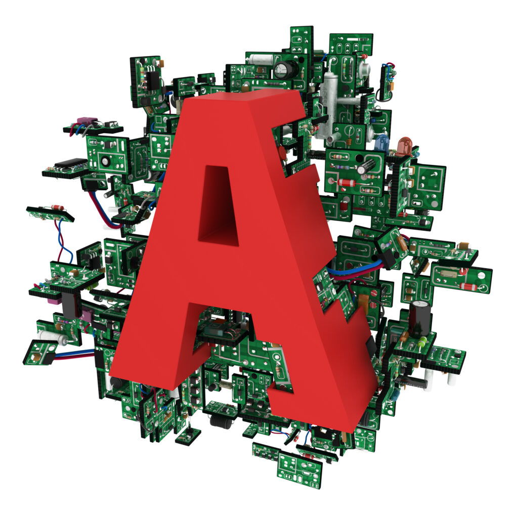 Large red letter A symbol surrounded by interconnected electronic circuit boards, representing technology and IT certification