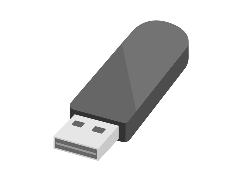 Illustration of a black USB flash drive with a white connector on a white background