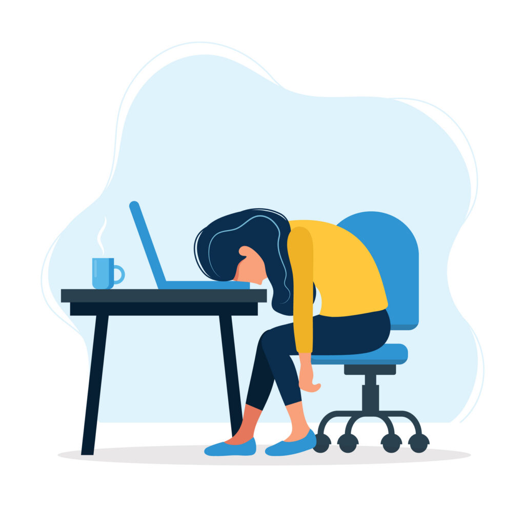 Illustration of a tired woman slumped over her laptop at a desk, symbolizing burnout or work-related fatigue