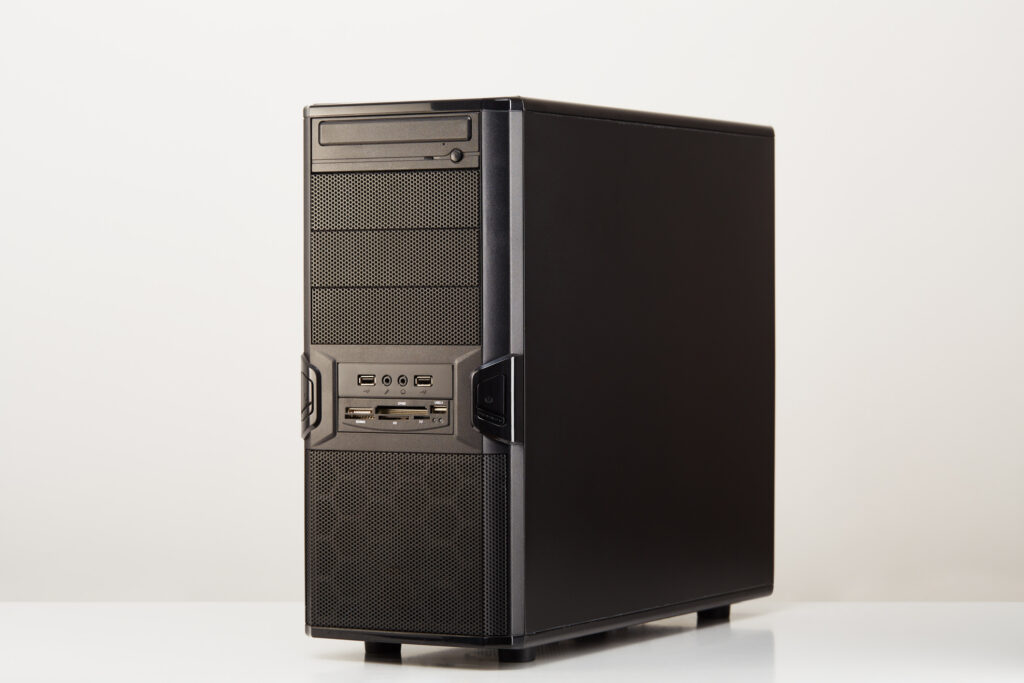 A refurbished black desktop computer tower, ideal for Windows 11 upgrades and home office use.
